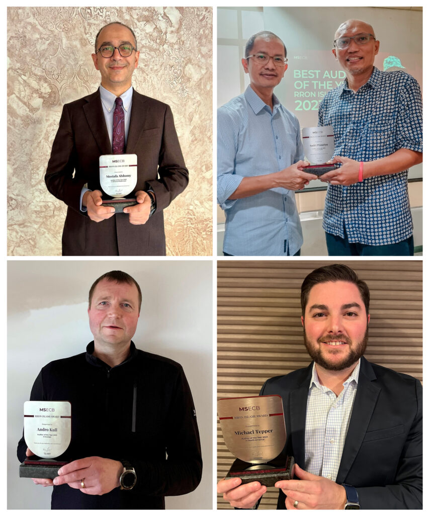 MSECB auditors holding The Rron Islami Awards for auditor of the year 2024. Mostafa Alshamy on the top left, Andri Prasetyo on the top right, Andro Kull on the bottom left, and Michael Tepper on the bottom right.